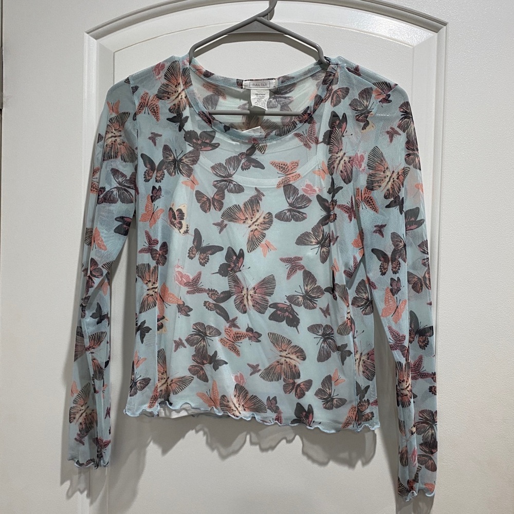 Tillys Full Tilt Butterfly Mesh Girls Top Size XL Blue Combo